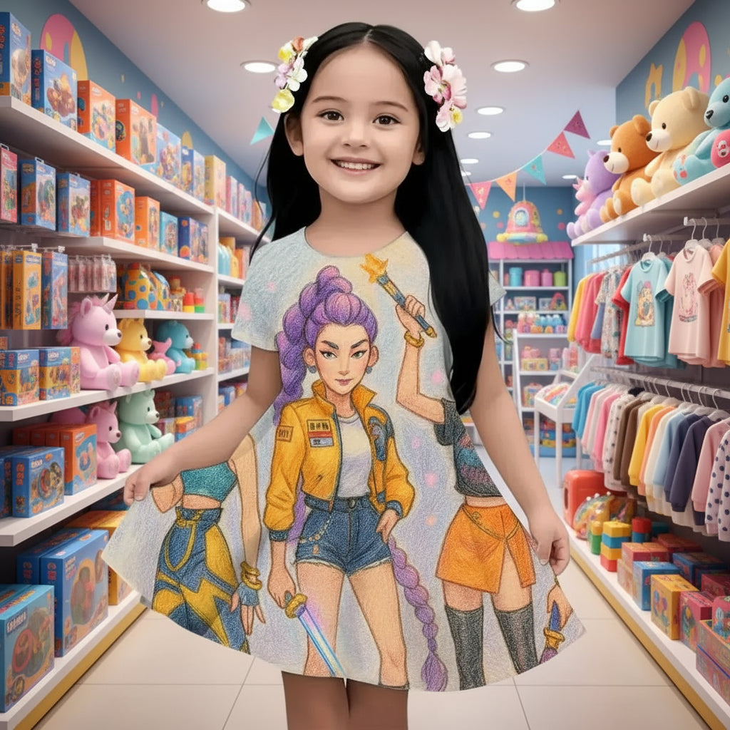 Girl's 3D KPop Devil Hunter Dress New Summer Linen Cute Casual Fashion Bestseller for Children Trikidsworld