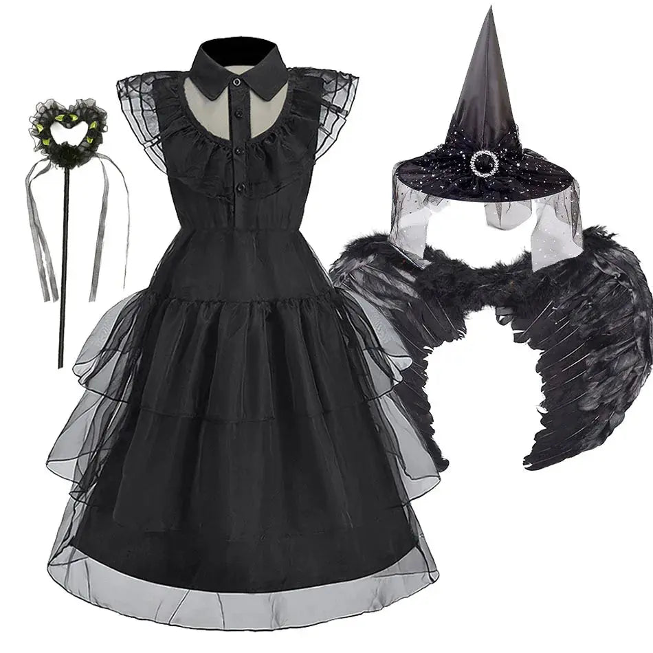 Kids Halloween Cosplay Costume Girls Fairy Witch Party Dress with Wing Children Green Black Carnival Christmas Birthday Clothes Trikidsworld