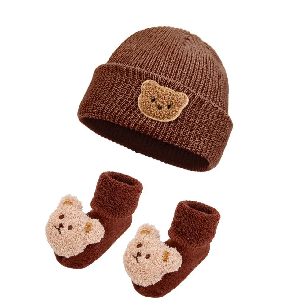 2Pcs Solid Knitted Beanies&Bear Plush Cartoon Thicken Short Socks Set Fall Winter Turban Hats Infant Boys Girls 0-12M Stockings Trikidsworld