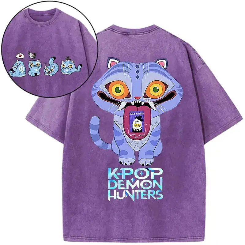 Derpy Tiger Kpop Demon Hunters Shirts for Women Cartoon Anime Washed Cotton Tee K-Pop Demon Hunters Tiger Harajuku T-shirt Tops Trikidsworld