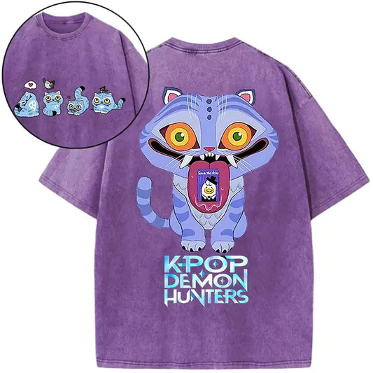 Derpy Tiger Kpop Demon Hunters Shirts for Women Cartoon Anime Washed Cotton Tee K-Pop Demon Hunters Tiger Harajuku T-shirt Tops Trikidsworld