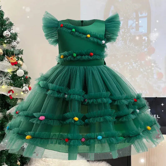 Merry Christmas Girls Dress Cute Christmas Tree Mesh Fashion Xmas Girls Princess Dress Party Costumes 2-10 Years Kids Clothes Trikidsworld