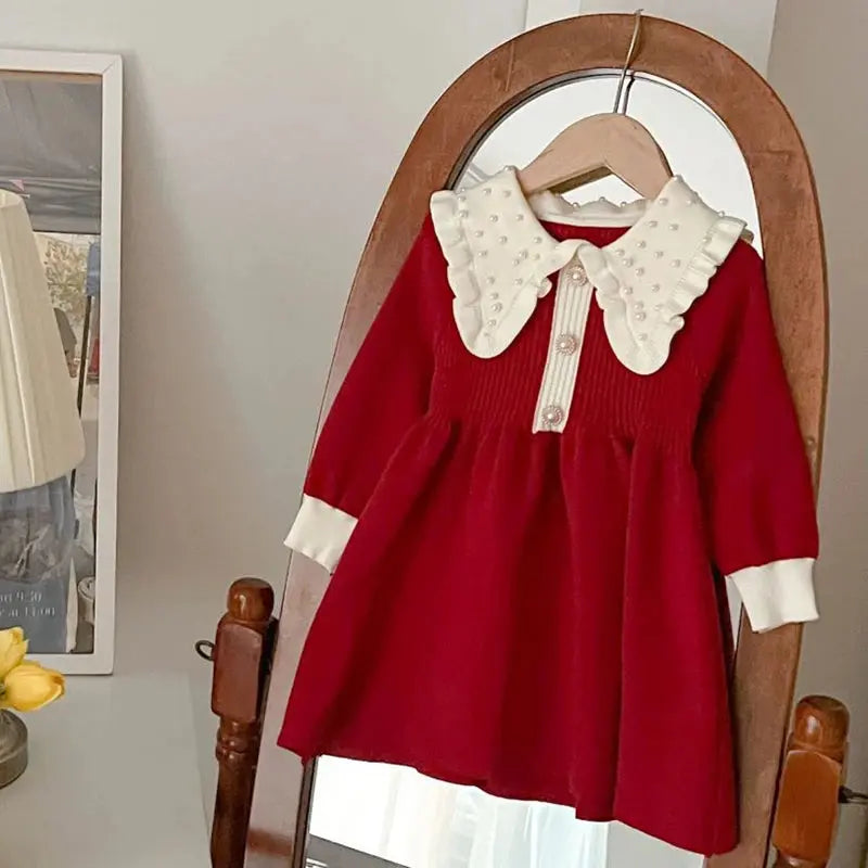 2025 New Christmas Baby Party Dress 2-6Yrs Children Clothes Baby Girl Birthday Party Dress Red Bow Knitted Kids Princess Dresses Trikidsworld