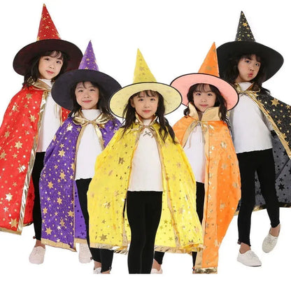 Children Halloween Cloak with Witch Hat Teens Christmas Costume Kids Star Party Robe Boy Girl Birthday Lace Up Photography Props Trikidsworld
