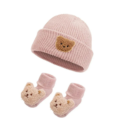 2Pcs Solid Knitted Beanies&Bear Plush Cartoon Thicken Short Socks Set Fall Winter Turban Hats Infant Boys Girls 0-12M Stockings Trikidsworld