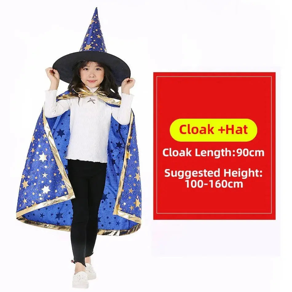 Children Halloween Cloak with Witch Hat Teens Christmas Costume Kids Star Party Robe Boy Girl Birthday Lace Up Photography Props Trikidsworld