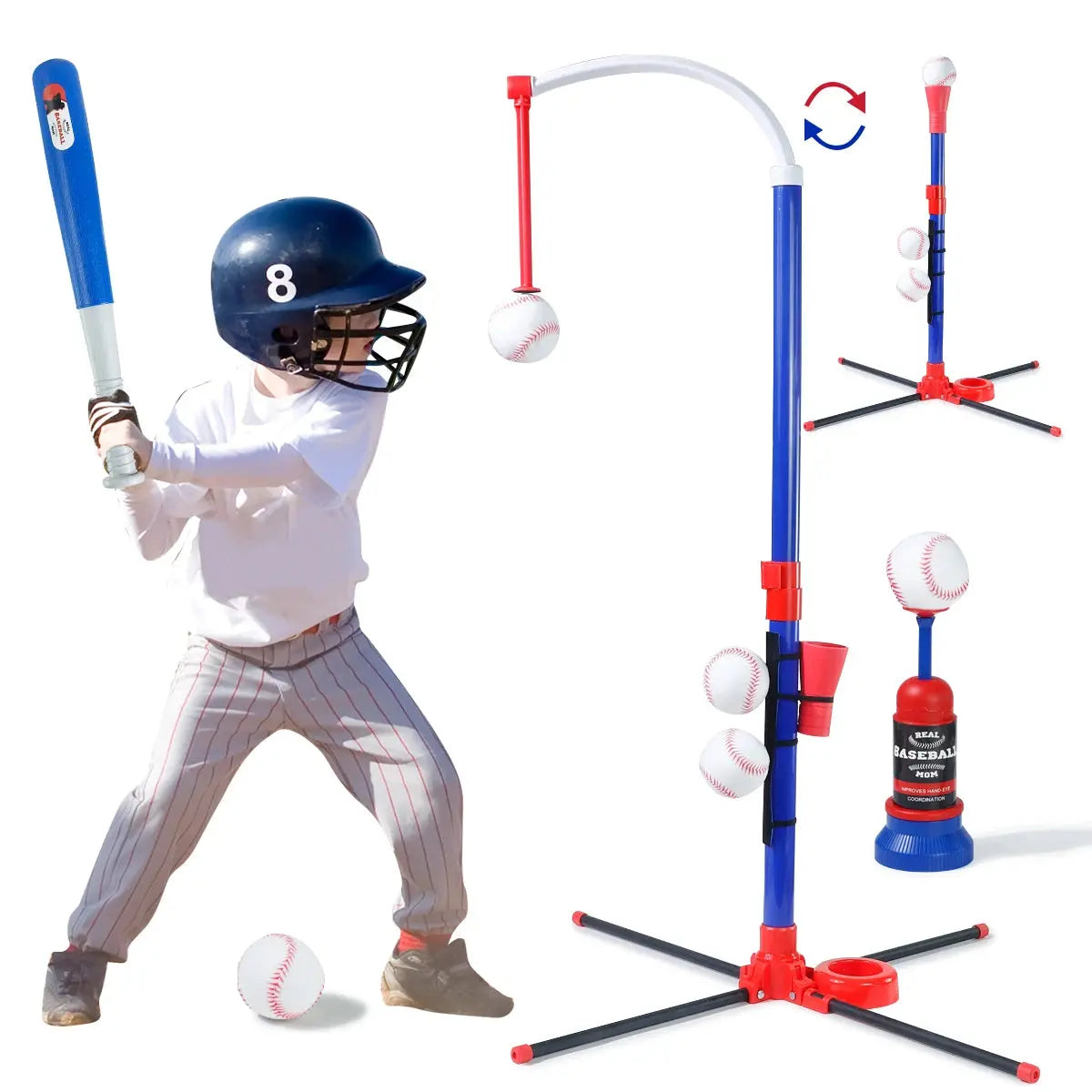 3-in-1 Kids Baseball Toy Set with Hanging Ball Stand/Standing T-Ball/Auto Launcher, Adjustable Height Toddler Baseball Set Trikidsworld