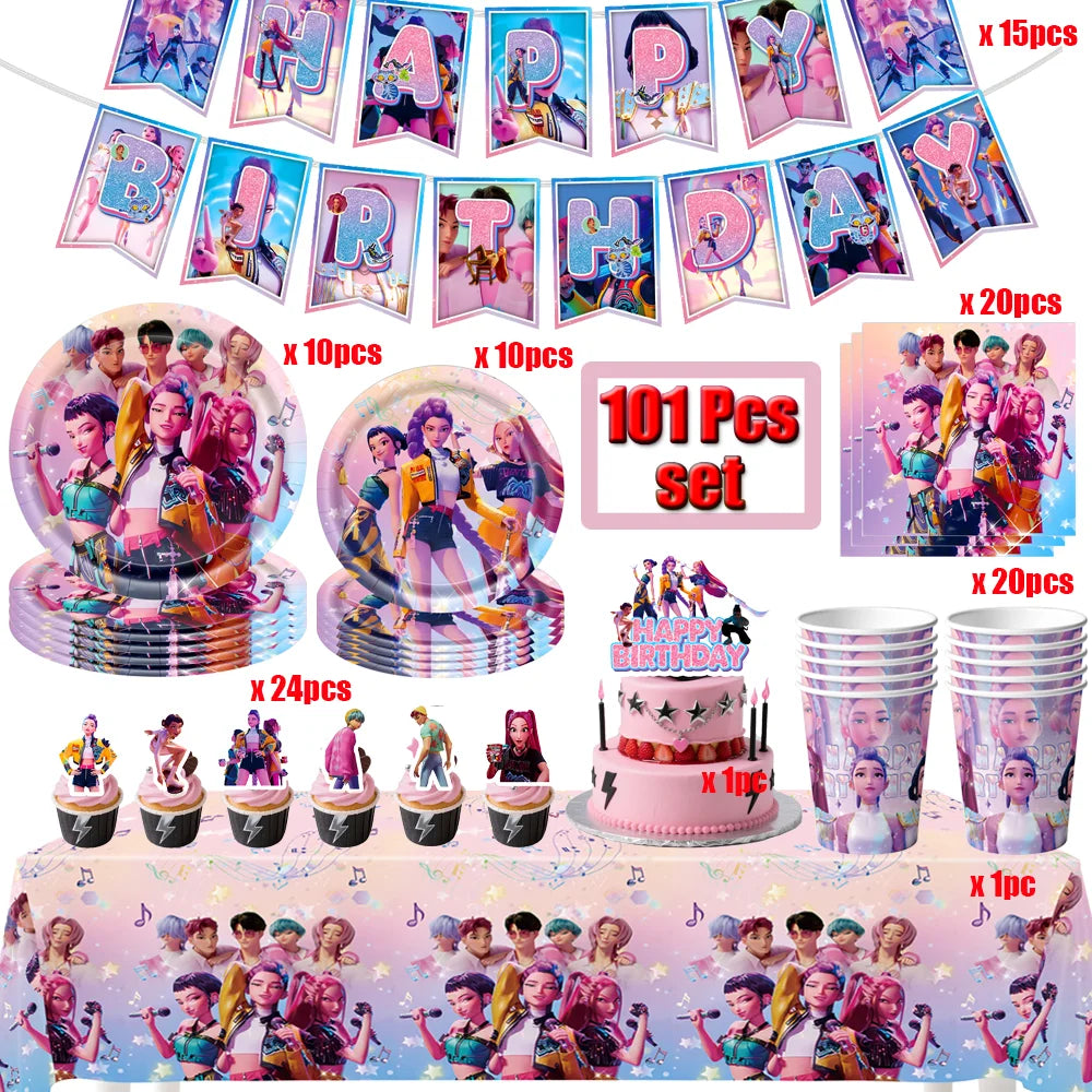 Demon Hunters Birthday Party Decor Tableware Banner Decorations Cake Topper Balloon Girl Kid Korean Kpop Anime Party Supplie Set Trikidsworld