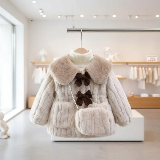 Kids Girls Baby Fluffy Jackets Children Faux Fur Bow Coats Winter Thick Warm Outerwear Lapel Casual Clothes 1-5 Years Trikidsworld