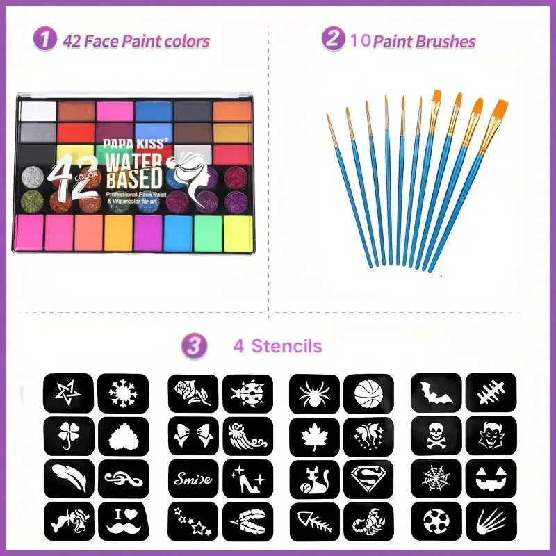 42 Colors Water Soluble Face Body Painting Set UV Neon Glitter Face Paint Art Halloween and Christmas Party Body Paint Makeup Trikidsworld
