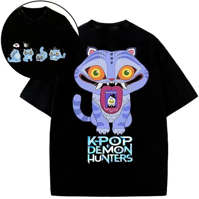 Derpy Tiger Kpop Demon Hunters Shirts for Women Cartoon Anime Washed Cotton Tee K-Pop Demon Hunters Tiger Harajuku T-shirt Tops Trikidsworld