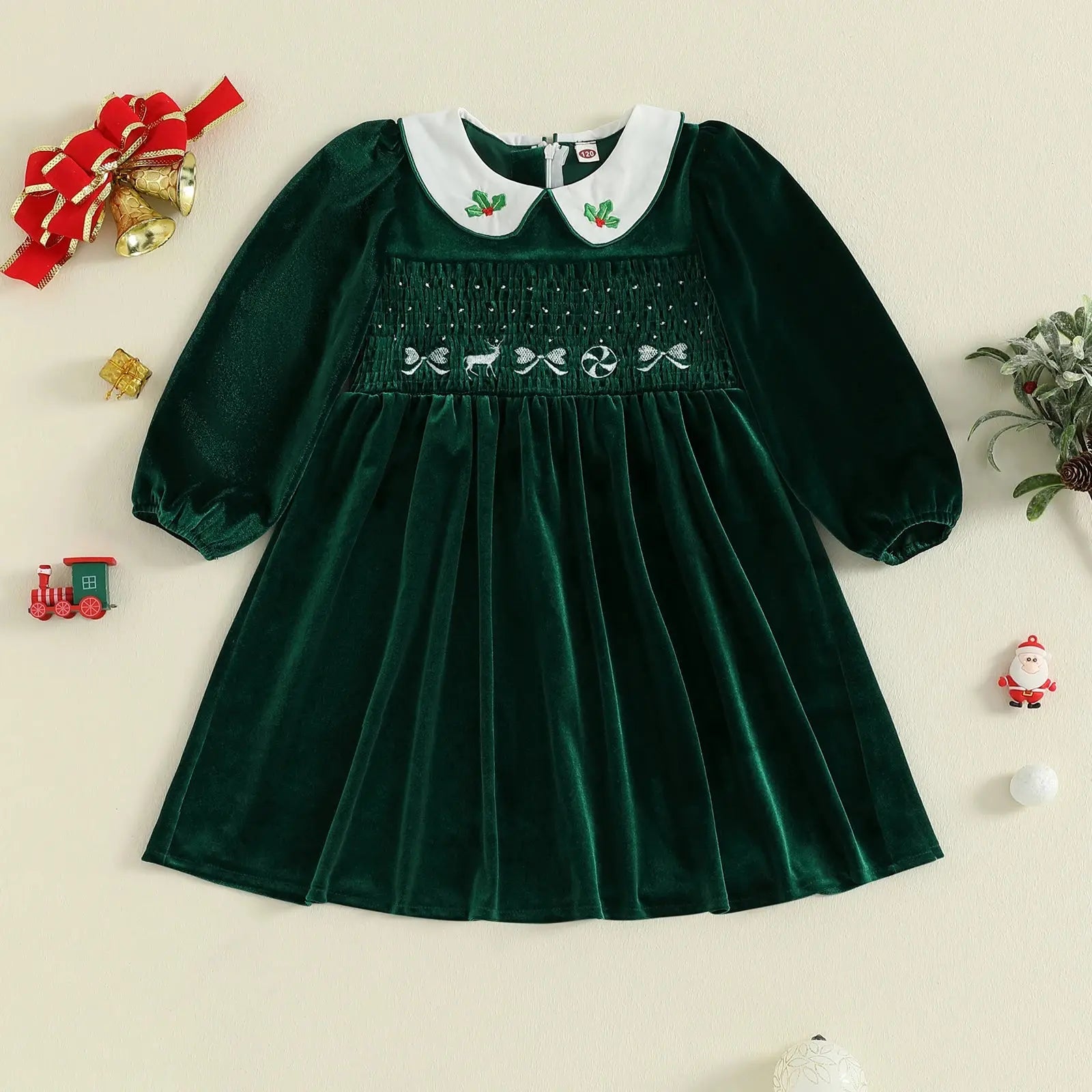 FOCUSNORM 1-7Y Little Kids Girls Velvet Christmas Dress Deer Bow Holly Embroidered Smocked Long Sleeve Doll Collar A-Line Dress Trikidsworld