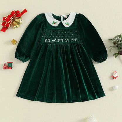 FOCUSNORM 1-7Y Little Kids Girls Velvet Christmas Dress Deer Bow Holly Embroidered Smocked Long Sleeve Doll Collar A-Line Dress Trikidsworld