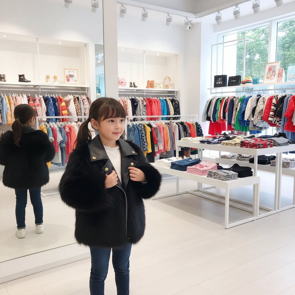 Kids Faux Fox Fur Jacket Short Thickened Biker Coat Leather & Fur Blend Outerwear for Boys Girls Trikidsworld