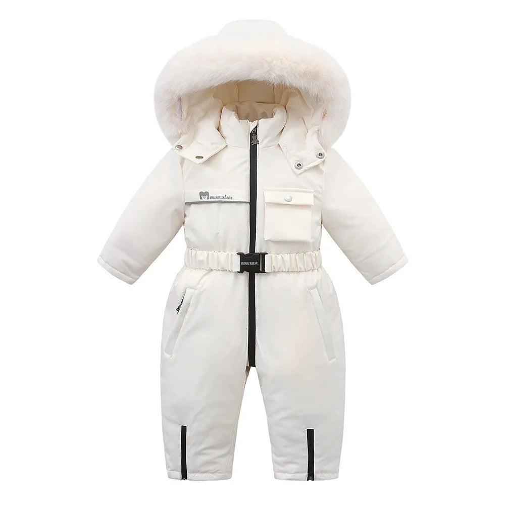 White kids winter snowsuit with hood, front zip and waist belt detail.