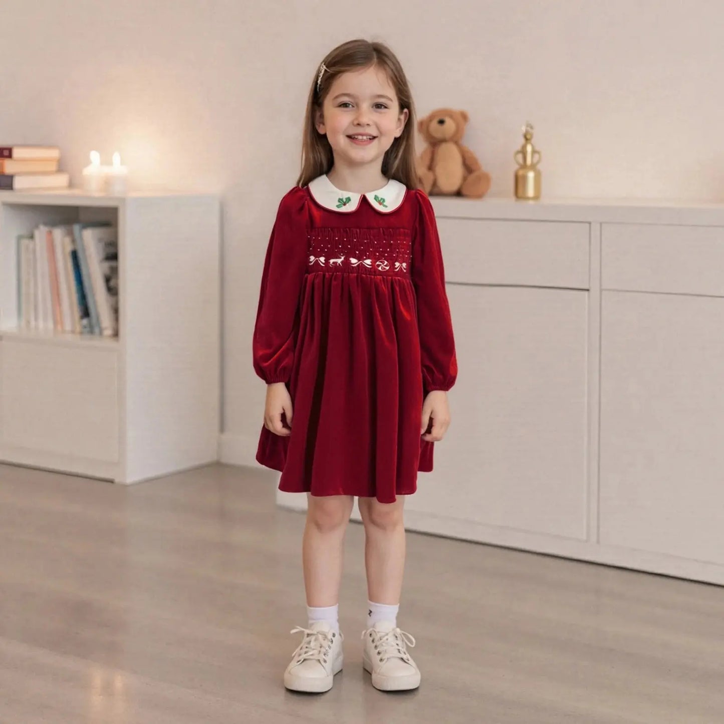 FOCUSNORM 1-7Y Little Kids Girls Velvet Christmas Dress Deer Bow Holly Embroidered Smocked Long Sleeve Doll Collar A-Line Dress Trikidsworld
