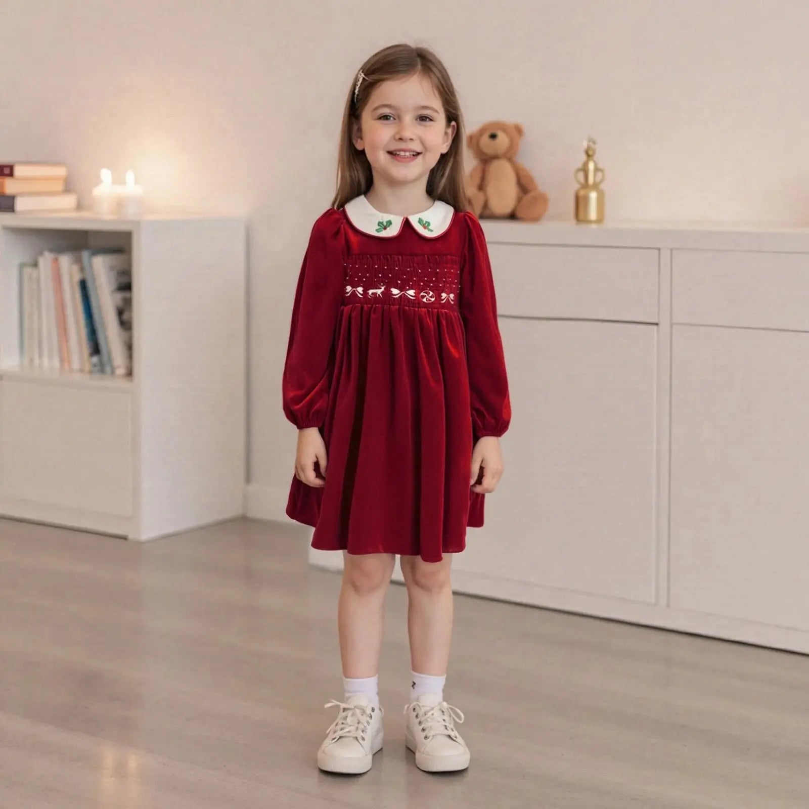 FOCUSNORM 1-7Y Little Kids Girls Velvet Christmas Dress Deer Bow Holly Embroidered Smocked Long Sleeve Doll Collar A-Line Dress Trikidsworld