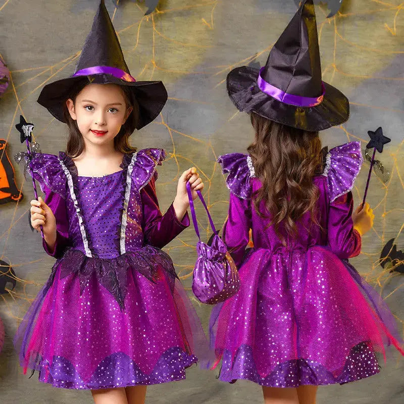 Girls Witch Halloween Cosplay Costume With Hat Magic Wand Candy Bag Kids Children Dress Girl Carnival Party Performance Clothes Trikidsworld