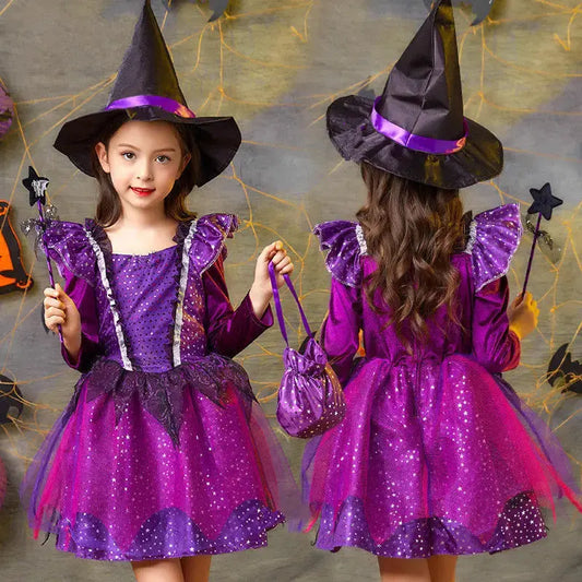 Girls Witch Halloween Cosplay Costume With Hat Magic Wand Candy Bag Kids Children Dress Girl Carnival Party Performance Clothes Trikidsworld