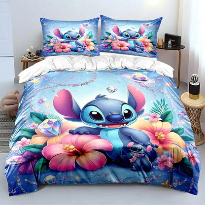 MINISO Disney Stitch Print Bedding Set Children 3 Pieces King Size Bed Set Pillowcase Adult Child Bed Cover Bedroom for Gifts Trikidsworld