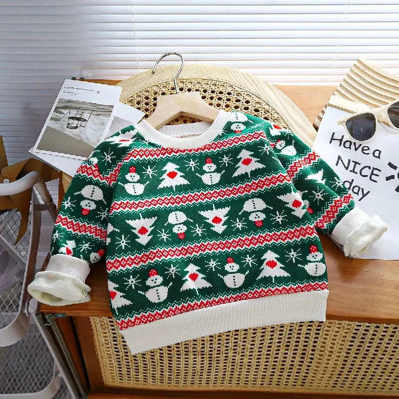 2025 Christmas Sweaters Winter Kids Thick Warm Knitwear Boys Girls Plus Velvet Knit Pullover Children Xmas Print Tops 1-10 Years Trikidsworld