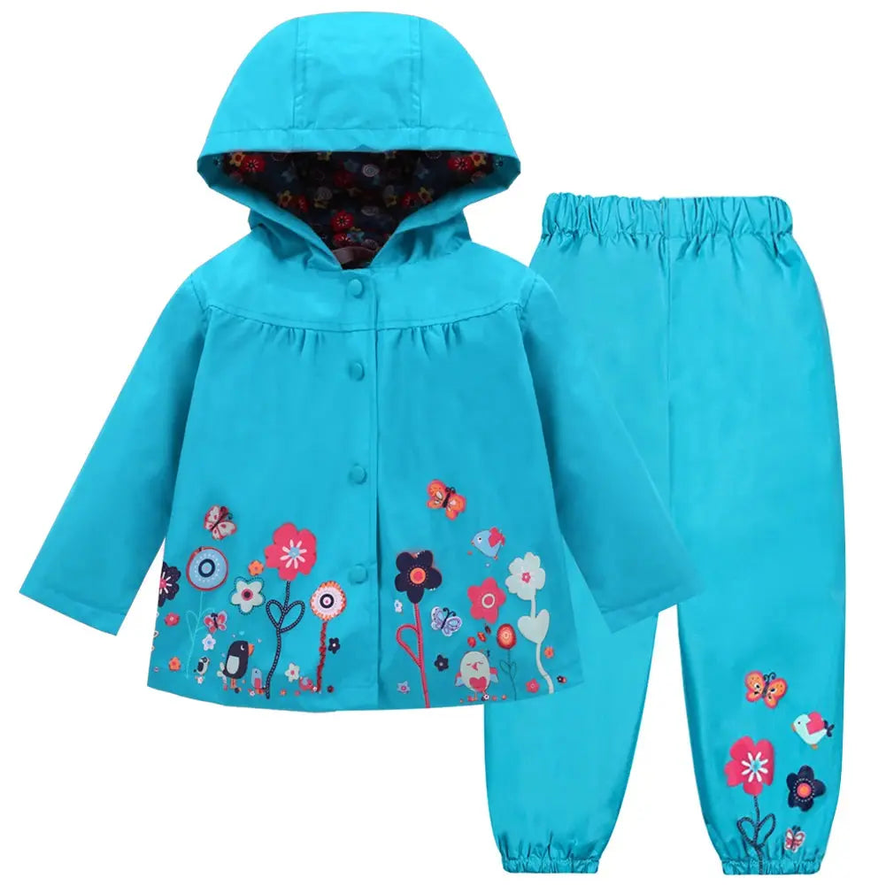 Autumn Spring Children Waterproof Long Sleeve Coat+Pants 2pcs Flower Print Baby Girls Clothes Toddler Boys Children Sets Costume Trikidsworld
