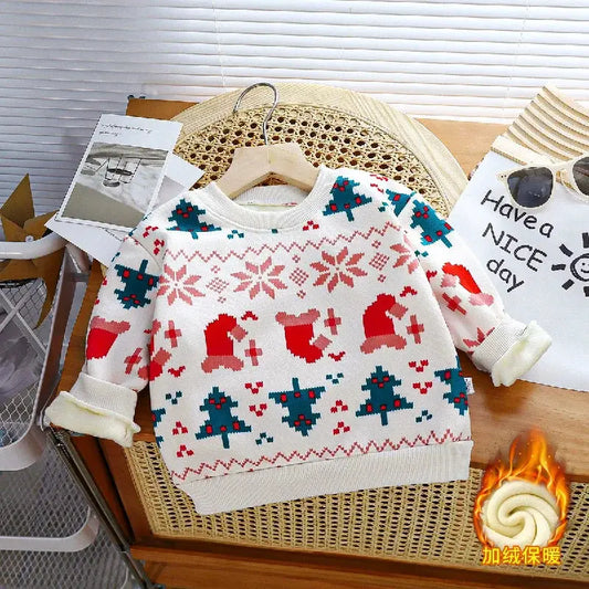 2025 Christmas Sweaters Winter Kids Thick Warm Knitwear Boys Girls Plus Velvet Knit Pullover Children Xmas Print Tops 1-10 Years Trikidsworld