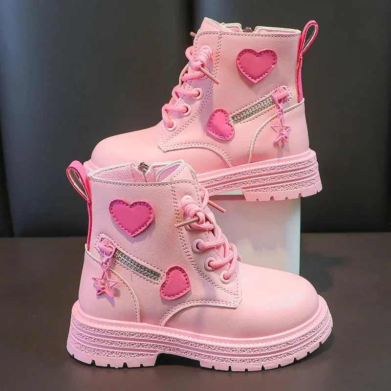 Girls Boots Kids Fashion Rubber Boots Cool Girl Autumn and Winter Cotton Soft Sole Pink with Love Side Zip Princess Round-toe PU Trikidsworld