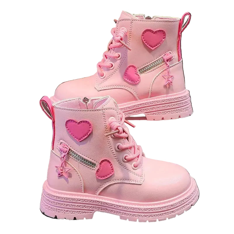 Girls Boots Kids Fashion Rubber Boots Cool Girl Autumn and Winter Cotton Soft Sole Pink with Love Side Zip Princess Round-toe PU Trikidsworld