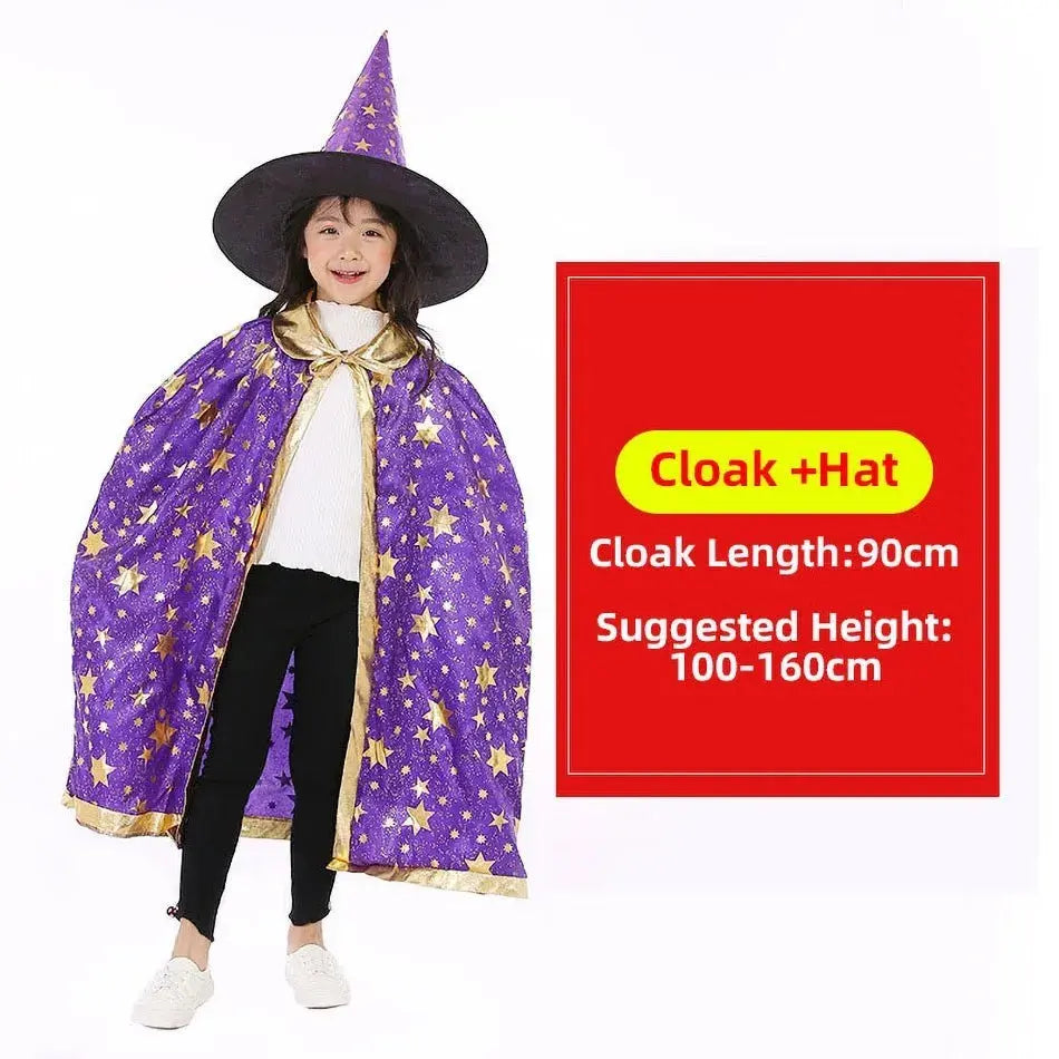 Children Halloween Cloak with Witch Hat Teens Christmas Costume Kids Star Party Robe Boy Girl Birthday Lace Up Photography Props Trikidsworld