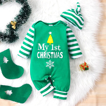 0-18 Months Spring Autumn Baby Boys And Girls Christmas Day Style Monogram Print Panels Striped Long Sleeve Climbing Suit Trikidsworld
