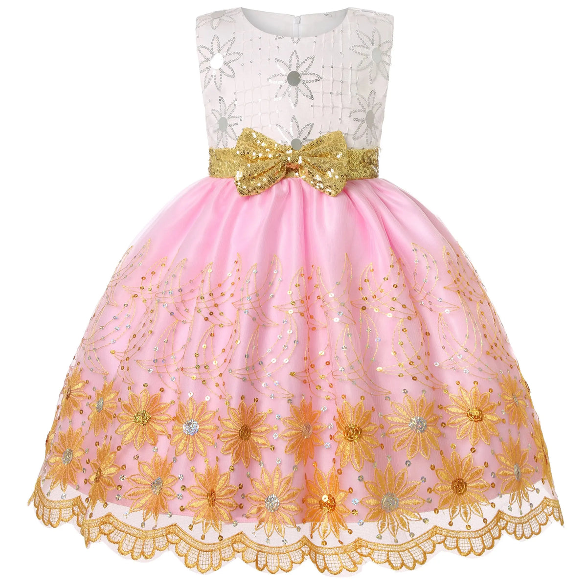 2025 Autumn and Winter new children's mesh gold sequins embroidered bow tie dress princess dress skirt wedding birthday Trikidsworld