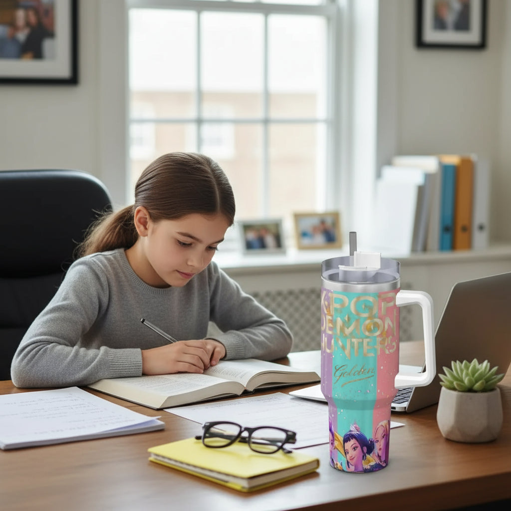 Kpop Demon Hunters Golden Huntrix Stainless Steel Tumbler Beach Thermal Cups With Straws and Lid Large Mugs Cup Hot Water Bottle Trikidsworld