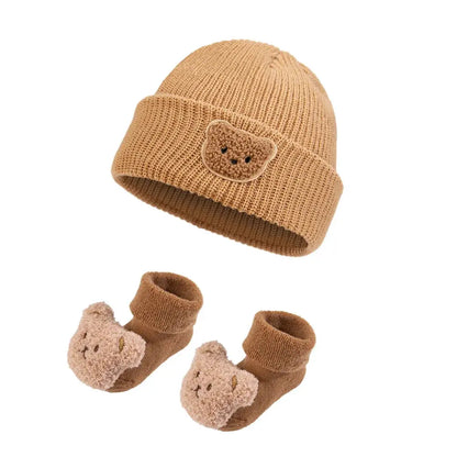 2Pcs Solid Knitted Beanies&Bear Plush Cartoon Thicken Short Socks Set Fall Winter Turban Hats Infant Boys Girls 0-12M Stockings Trikidsworld