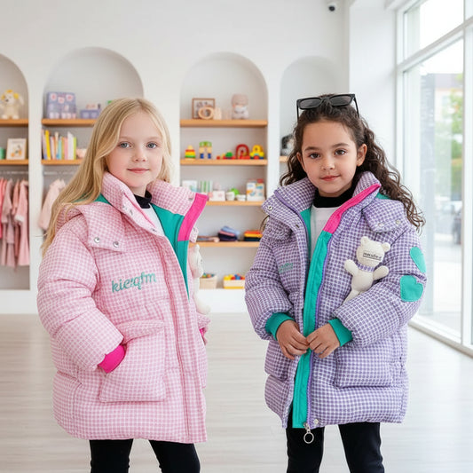 2025 Winter Keep Warm Princess Girls Jacket Grid Design Padded Lining With Velvet Hooded Heavy Coat For Kids Sent Bear Doll Trikidsworld