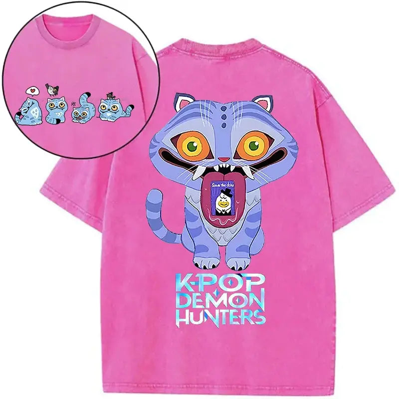 Derpy Tiger Kpop Demon Hunters Shirts for Women Cartoon Anime Washed Cotton Tee K-Pop Demon Hunters Tiger Harajuku T-shirt Tops Trikidsworld