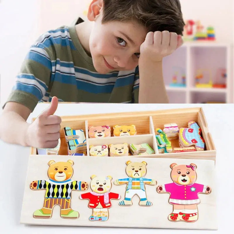 Montessori Little Bear Change Clothes Kids Early Education Wooden Jigsaw Puzzle Dressing Game Baby Puzzle Toys For Children Gift Trikidsworld