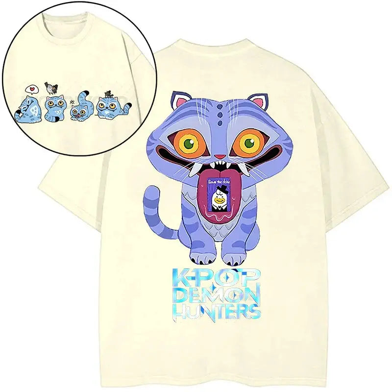Derpy Tiger Kpop Demon Hunters Shirts for Women Cartoon Anime Washed Cotton Tee K-Pop Demon Hunters Tiger Harajuku T-shirt Tops Trikidsworld