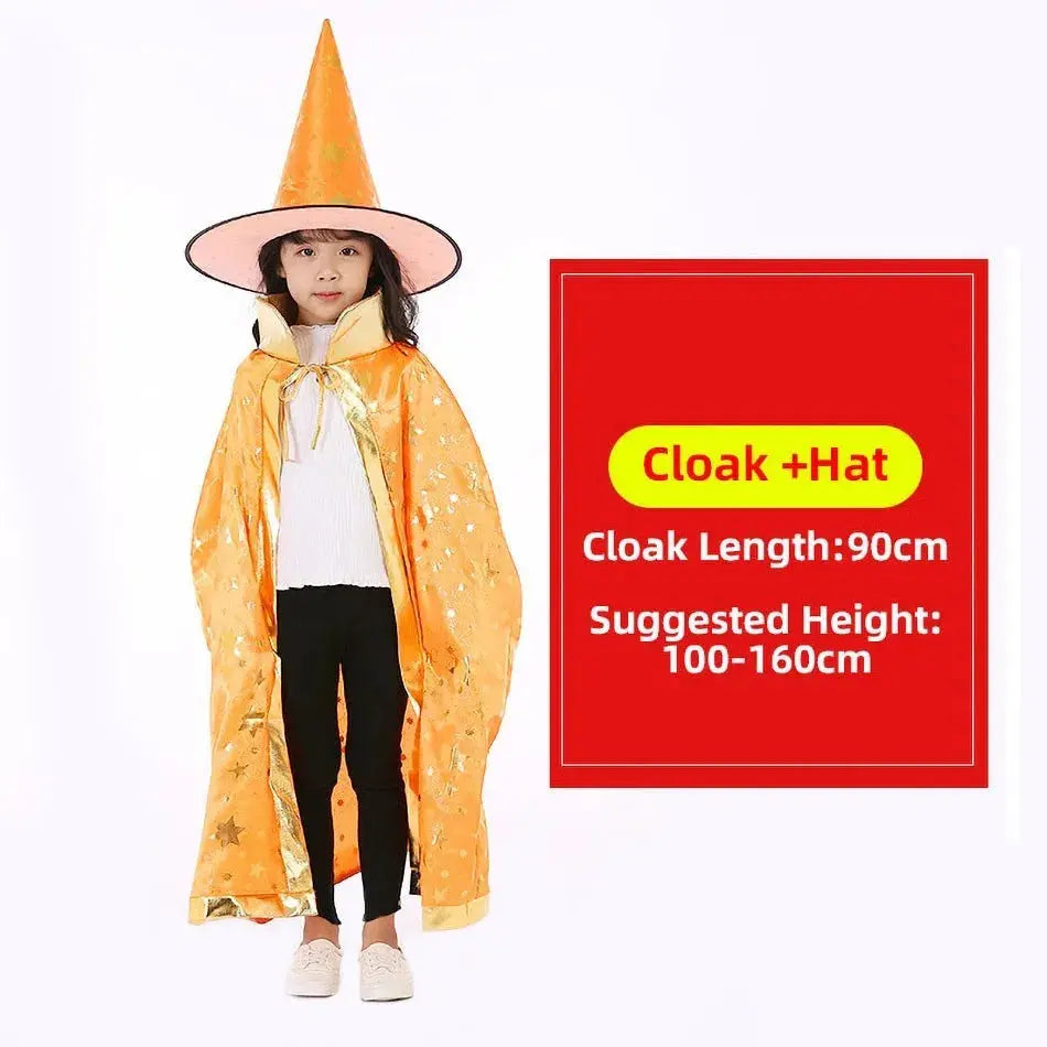 Children Halloween Cloak with Witch Hat Teens Christmas Costume Kids Star Party Robe Boy Girl Birthday Lace Up Photography Props Trikidsworld