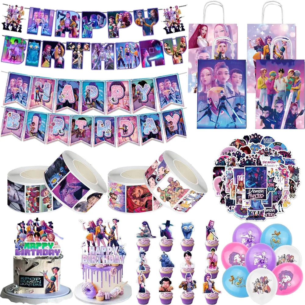 Demon Hunters Birthday Party Decor Tableware Banner Decorations Cake Topper Balloon Girl Kid Korean Kpop Anime Party Supplie Set Trikidsworld