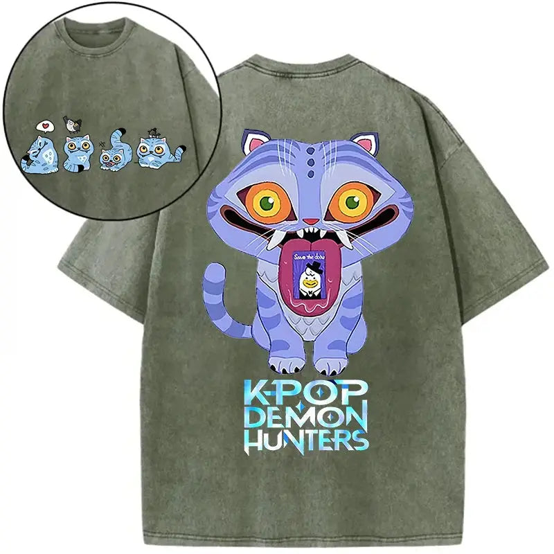Derpy Tiger Kpop Demon Hunters Shirts for Women Cartoon Anime Washed Cotton Tee K-Pop Demon Hunters Tiger Harajuku T-shirt Tops Trikidsworld