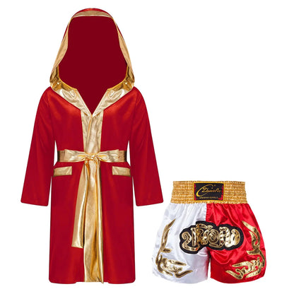 Kids Boys Boxing Outfit Halloween Cosplay Costume Long Sleeve Open Front Robe Satin Hooded Cloak with Belt Shorts Roleplay Sets Trikidsworld