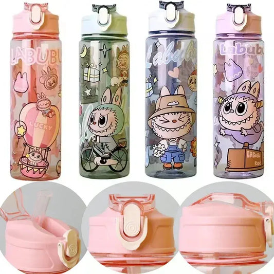 Bestseller Rabu Cartoon Travel Water Bottle with Portable Handle, Printed Transparent Plastic Straw Space Cup Trikidsworld