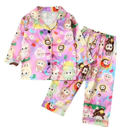 Summer New Korean Style Children's Cute Cartoon Print Home Clothes Short Sleeve Ice Silk Casual Sleepwear Set for Boys And Girls Trikidsworld