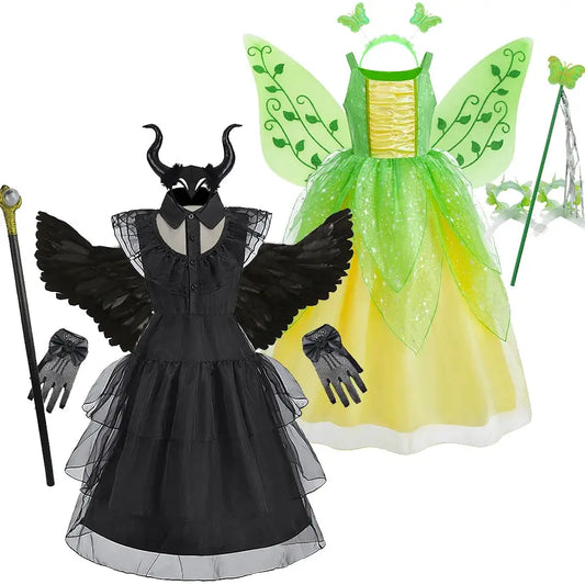 Kids Halloween Cosplay Costume Girls Fairy Witch Party Dress with Wing Children Green Black Carnival Christmas Birthday Clothes Trikidsworld