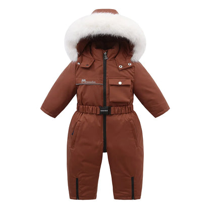Reddish-brown kids winter snowsuit with hood, front zip and waist belt detail.