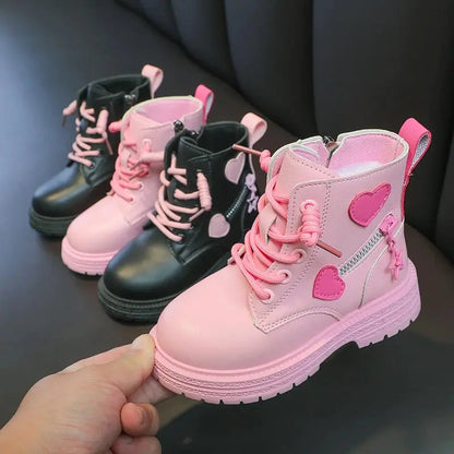 Girls Boots Kids Fashion Rubber Boots Cool Girl Autumn and Winter Cotton Soft Sole Pink with Love Side Zip Princess Round-toe PU Trikidsworld