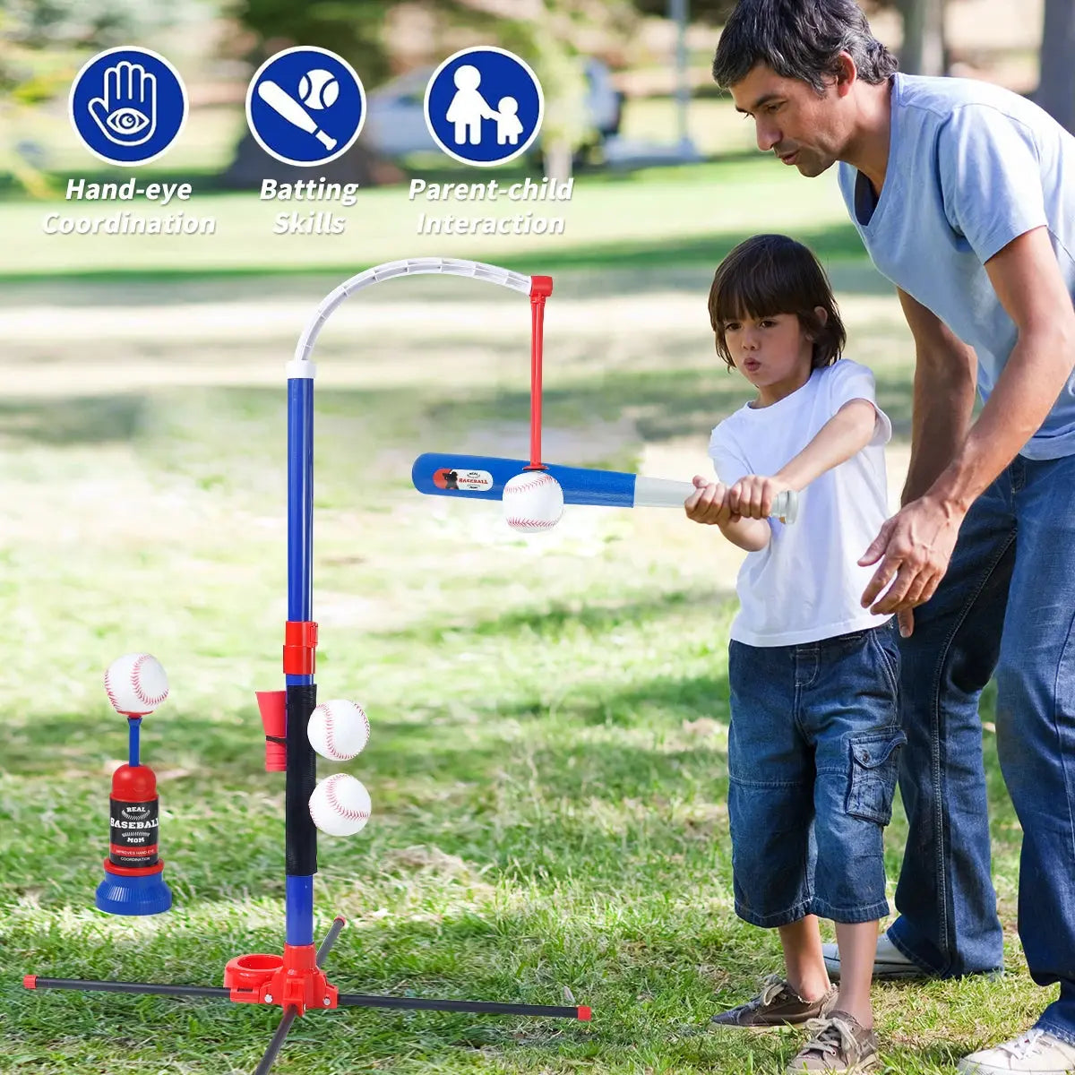 3-in-1 Kids Baseball Toy Set with Hanging Ball Stand/Standing T-Ball/Auto Launcher, Adjustable Height Toddler Baseball Set Trikidsworld