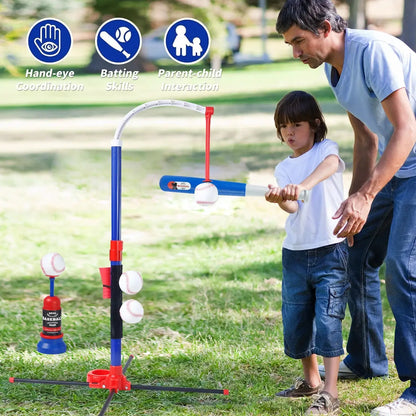 3-in-1 Kids Baseball Toy Set with Hanging Ball Stand/Standing T-Ball/Auto Launcher, Adjustable Height Toddler Baseball Set Trikidsworld