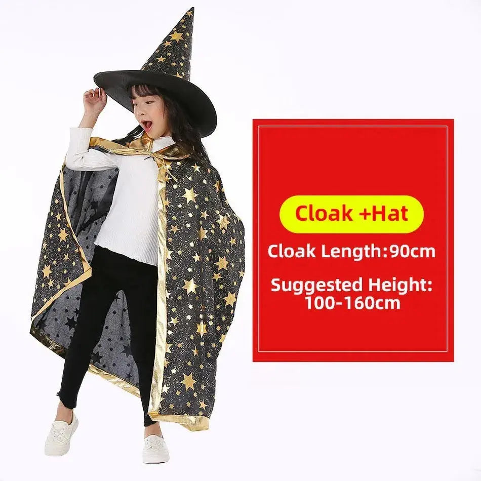 Children Halloween Cloak with Witch Hat Teens Christmas Costume Kids Star Party Robe Boy Girl Birthday Lace Up Photography Props Trikidsworld